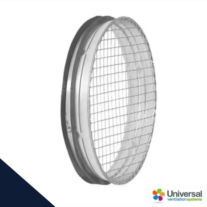Round metal ventilation grille with a wire mesh screen, shown at an angle