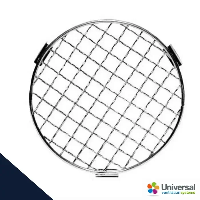 Round metal mesh vent screen with diamond openings and side latches, used as an air vent cover.